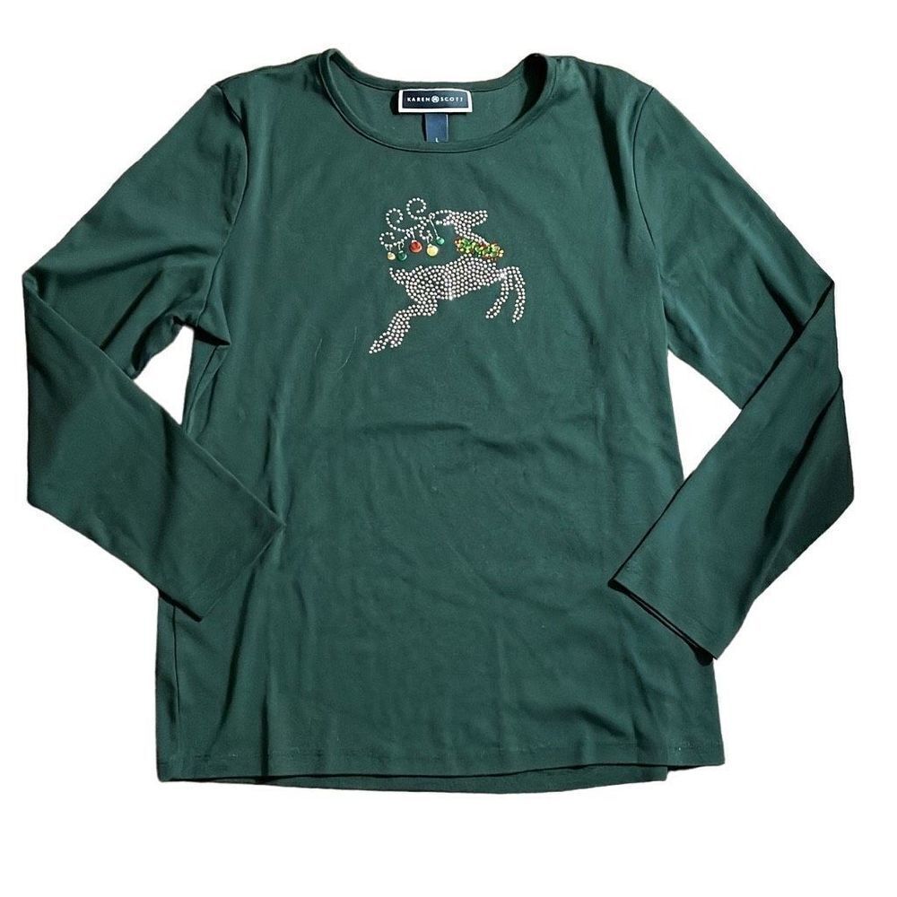 Karen Scott Holiday Long Sleeve Top. Size Large. Green